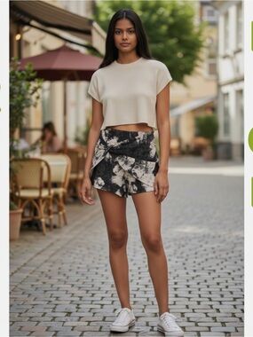 Free People Black & White Tie-Dye Wrap Skort
